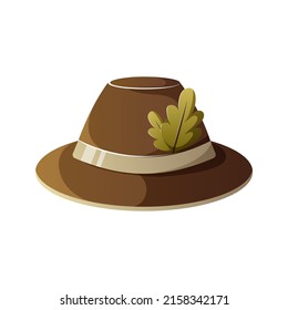 Brown hat with oak leaves, headgear vector illustration for camping, hiking, sun protection, sunstroke. Clothes element for sticker, banner, poster