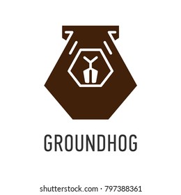 brown Head of Groundhog in trapezoid. Vector greeting card on Groundhog Day