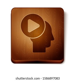 Brown Head people with play button icon isolated on white background. Wooden square button. Vector Illustration