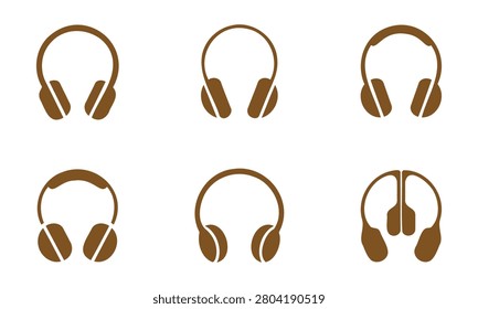 Brown headphone icons in different positions on white background