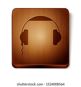 Brown Headphones icon isolated on white background. Earphones sign. Concept for listening to music, service, communication and operator. Wooden square button. Vector Illustration