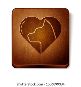 Brown Heart with cat icon isolated on white background. Love to the animals. Wooden square button. Vector Illustration