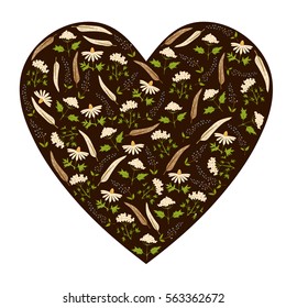 Brown heart of the fields wild plant with leaves. Valentine day card.