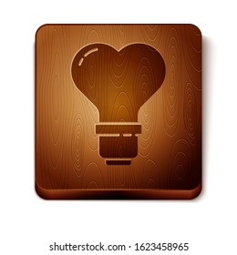 Brown Heart shape in a light bulb icon isolated on white background. Love symbol. Valentine day symbol. Wooden square button. Vector Illustration