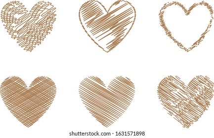 Brown heart vector. Hand drawn love icon isolated. Collection of heart icon hand drawn vector for love logo, heart symbol, doodle icon, greeting card and Valentine's day. Painted grunge vector shape