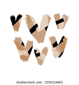 Brown Hearts with Black and Beige Splatters on a White Background. Romantic Abstract Vector Illustration with Love Symbol ideal for Card, Poster, Wall Art. Cool Grunge Hand Drawn Valentine Print.