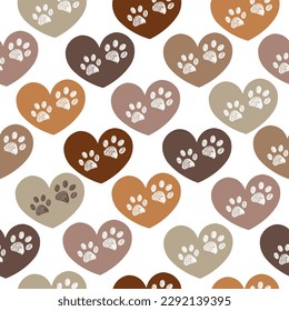 Brown hearts with doodle paw prints seamless pattern