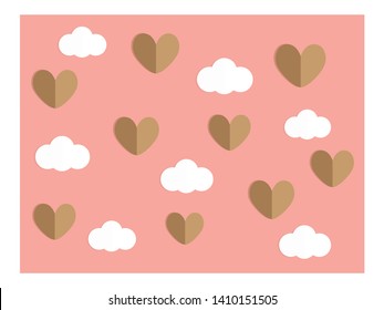 Brown hearts float in the air near white cute clouds 