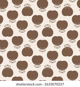 Brown heart-shaped floral motif pattern. Minimalist Simple Retro Earth-Tone Apple Fruit Silhouette Print. Rustic Apple Decor Motif Seamless.