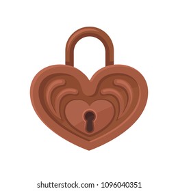 Brown heart-shaped padlock. Vintage hanging lock with ornamental engraving. Flat vector design for poster or postcard