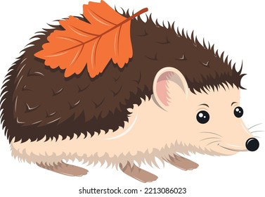 Brown hedgehog carries an orange leaf, vector illustration.