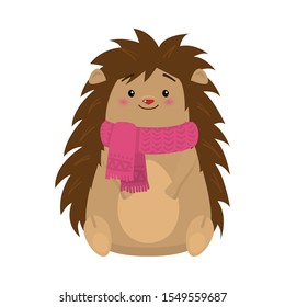 Brown hedgehog sitting and wearing pink winter scarf vector illustration
