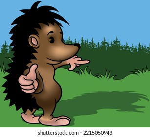 Brown Hedgehog with Thumb Up from Side View - Colored Cartoon Illustration with Background, Vector