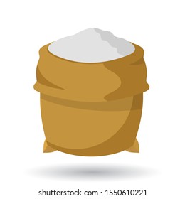 brown hemp bag or sack opened, white powder, vector illustration 