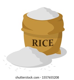 brown hemp bag or sack opened, white rice, pile of food ingredient, vector illustration 