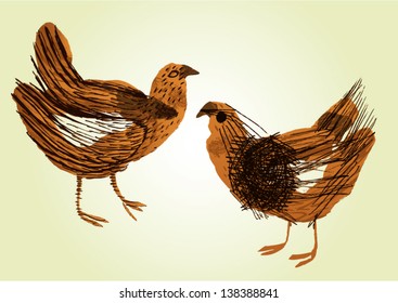 brown, hen, chicken hand made illustration, watercolor style