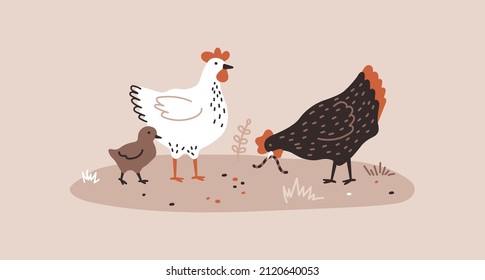 The brown hen is holding the worm and the white hen and the chick are pecking the grains. Chicken farm. Cartoon. Cozy vector illustration.