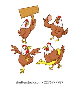 brown hen mascot with various poses images vector