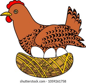 Brown hen on nest with eggs