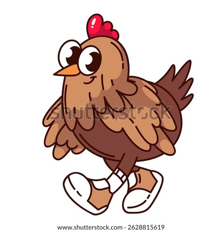 Brown hen with red comb, wearing sneakers and walking forward with confident smile. Groovy cartoon doodle style. Funny farm animal for kids projects, cards, or branding. Vector illustration.