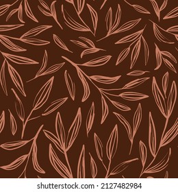 Brown herb leaves seamless repeat pattern. Random placed, vector, hand drawn olive branches all over print in earth tones.