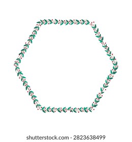 Brown Hexagon Border Frame Decorated With Green Leaves And Red Cherries
