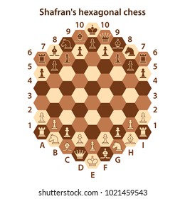 Brown hexagonal chessboard with chess pieces. Chess pieces in flat style. Vector illustration