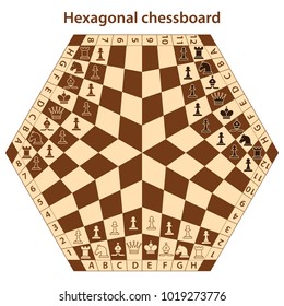 Brown hexagonal chessboard for three players with chess pieces. Chess pieces in flat style. Vector illustration