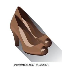 Brown high-heeled shoes with an open toe. Vector illustration.
