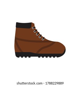 Brown hiking shoe or army military boot icon isolated on white background. Mountain footwear in flat style. Vector illustration