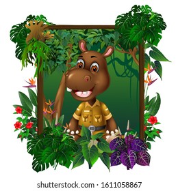 Brown Hippopotamus In Forest With Tropical Plant Flower Cartoon