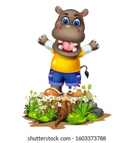 Brown Hippopotamus On Top of Wood Tree With Flower And Rocks Cartoon