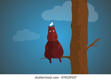 brown hippopotamus on a tree with a little white bird