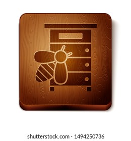 Brown Hive for bees icon isolated on white background. Beehive symbol. Apiary and beekeeping. Sweet natural food. Wooden square button. Vector Illustration