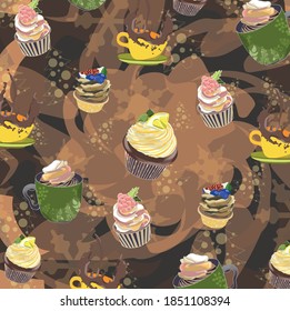Brown holiday illustration background with cup of coffee and muffins.
