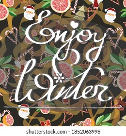 Braune Urlaubsmuster-Illustration mit Grapefruit und Inschrift "Genießen Sie den Winter"