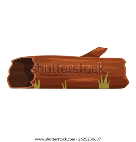 Brown hollow log lying horizontally on grass with broken branch