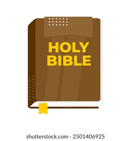 Brown holy bible book cover with a yellow bookmark is shown, representing faith and religion