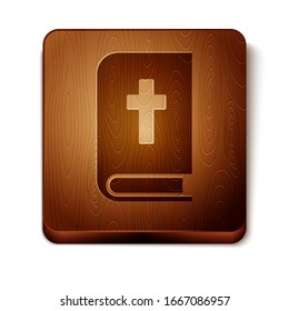 Brown Holy bible book icon isolated on white background. Wooden square button. Vector Illustration