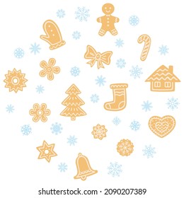Brown homemade Christmas gingerbread cookies with light cream pattern and light cream snowflakes arranged in a circle vector illustration