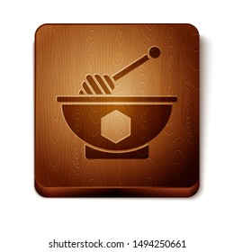 Brown Honey dipper stick and bowl icon isolated on white background. Honey ladle. Wooden square button. Vector Illustration