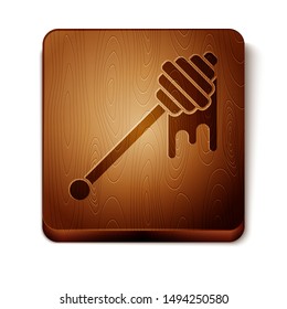 Brown Honey dipper stick with dripping honey icon isolated on white background. Honey ladle. Wooden square button. Vector Illustration