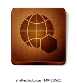 Brown Honeycomb map of the world icon isolated on white background. World bee day. Concept ecological event. Wooden square button. Vector Illustration