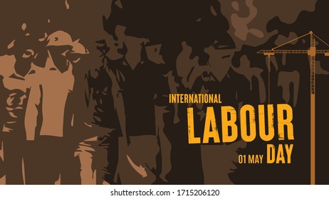 brown horizontal Labour Day poster with labours in background with abstract form.