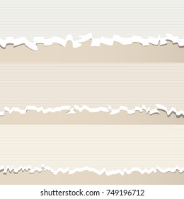 Brown horizontal ripped strips, notebook, note paper for text or message stuck with sticky tape on dark gray background.