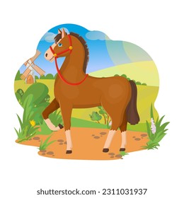Brown horse. Agricultural animals. Pets. Village. Farm. Vector illustration on a white background.