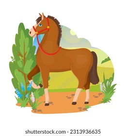 Brown horse. Agricultural animals. Pets. Village. Farm. Vector illustration on a white background.