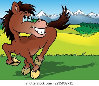 Brown Horse with Big Smile Dancing on the Ground - Colored Cartoon Illustration with Background, Vector