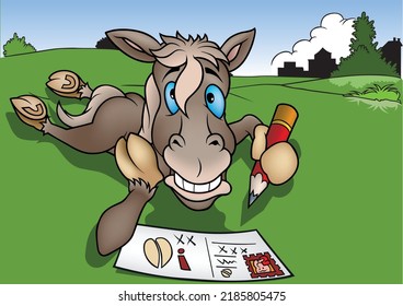 Brown Horse with Blue Eyes Lies on his Stomach on the Ground and Writes a Message on a Postcard - Colored Cartoon Illustration with Background, Vector