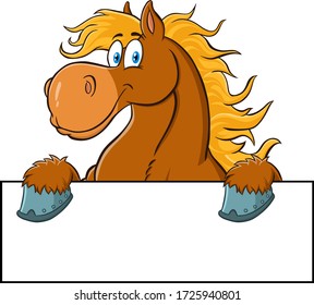 Brown Horse Cartoon Character Over A Blank Sign. Vector Illustration Isolated On White Background
